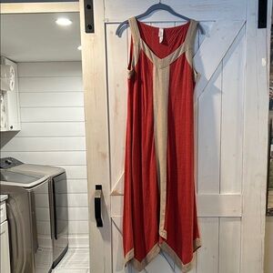 MarlaWynne Handkerchief Maxi Dress in Red and Tan Linen Viscose Blend Medium